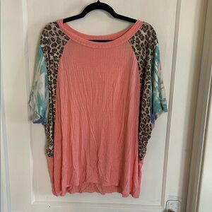 Vibrant Coral Leopard Sleeve Women's Top